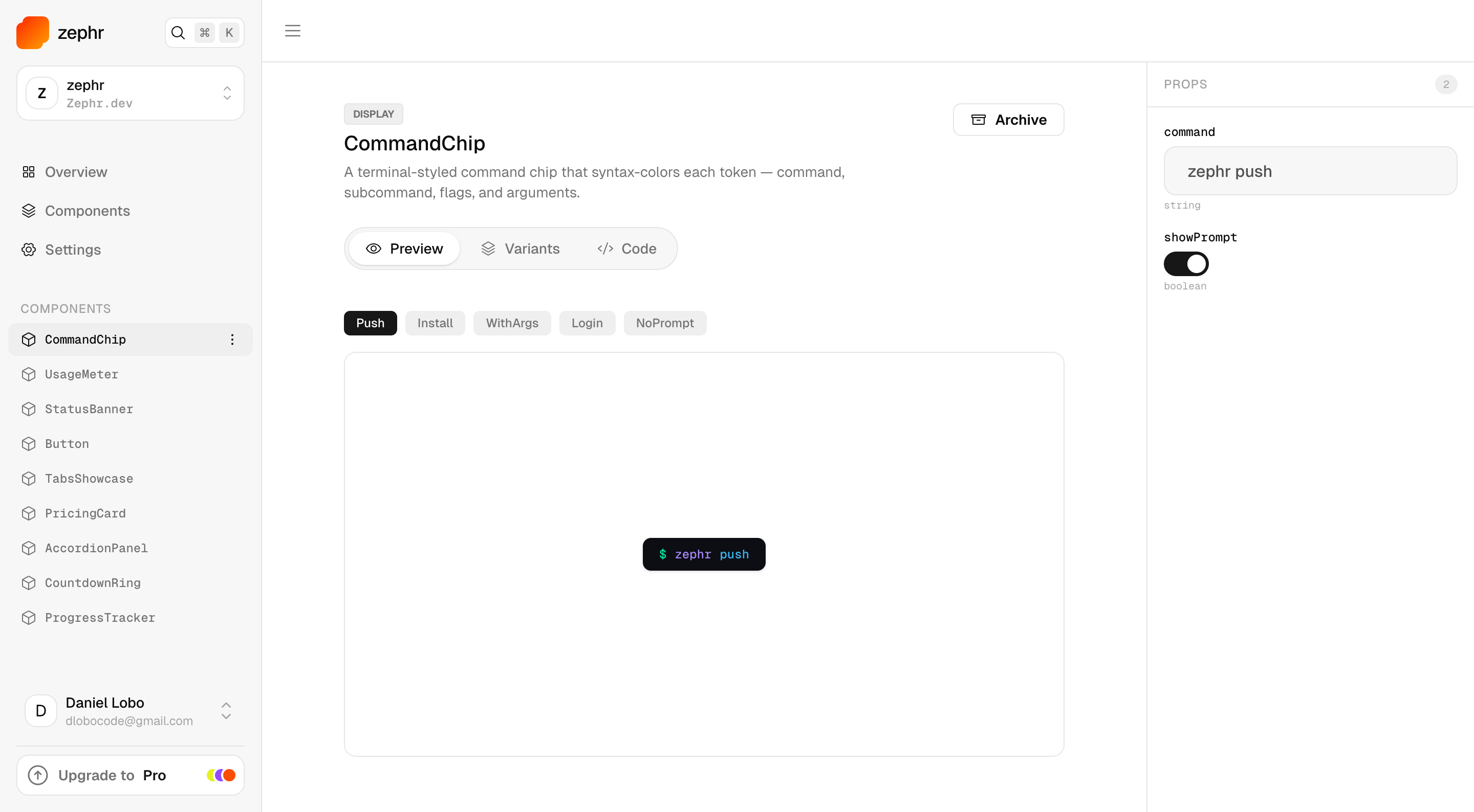 The Zephr dashboard showing live components